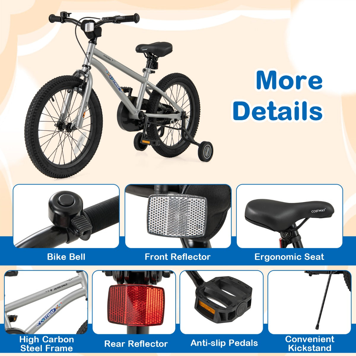Kids Bike for 4-7 Years Old Sport Bicycle Adjustable with Training Wheels-Silver-18 inches