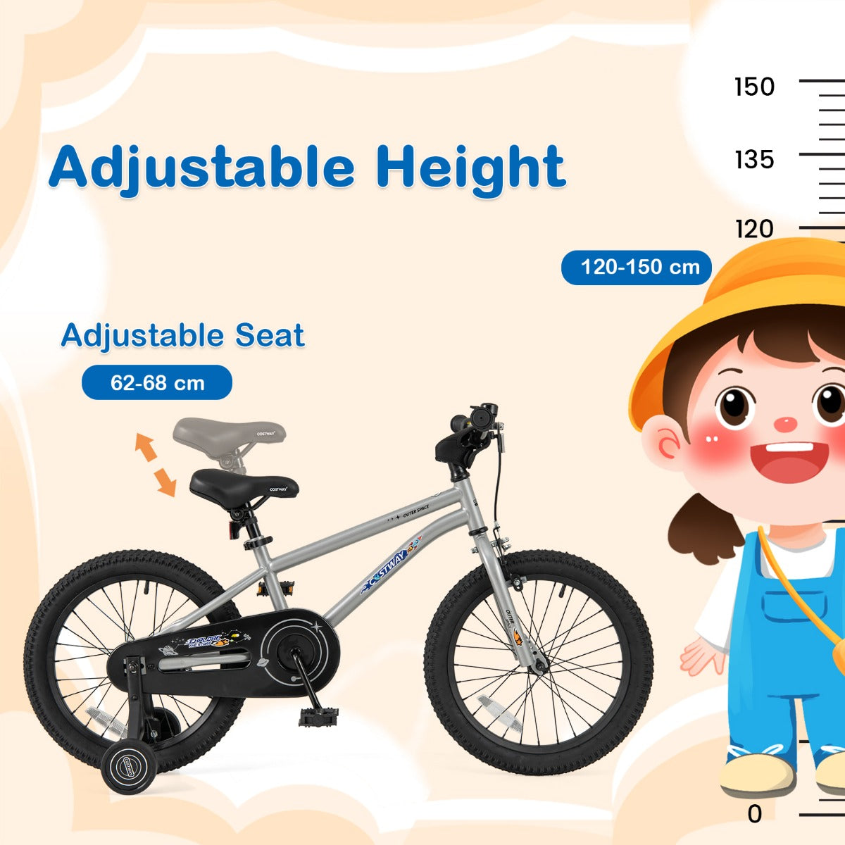 Kids Bike for 4-7 Years Old Sport Bicycle Adjustable with Training Wheels-Silver-18 inches