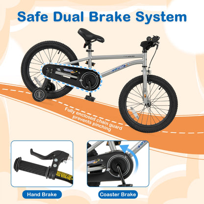 Kids Bike for 4-7 Years Old Sport Bicycle Adjustable with Training Wheels-Silver-18 inches