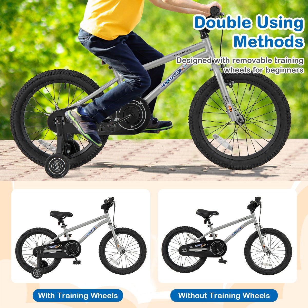 Kids Bike for 4-7 Years Old Sport Bicycle Adjustable with Training Wheels-Silver-18 inches