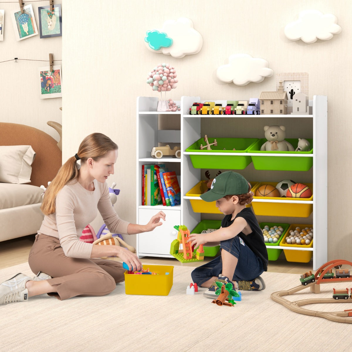 Kids Bookshelf with 8 Storage Boxes and 2 Open Shelves-Green