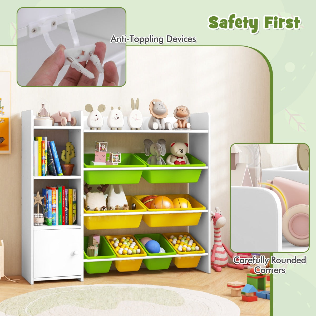Kids Bookshelf with 8 Storage Boxes and 2 Open Shelves-Green