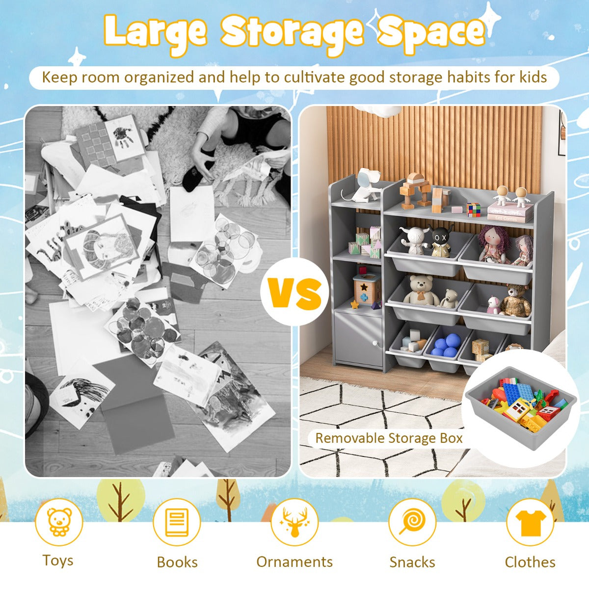Kids Bookshelf Toy Storage Organizer with 8 Storage Boxes
