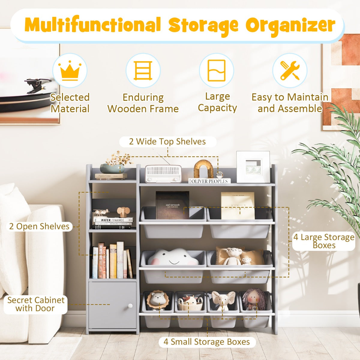 Kids Bookshelf Toy Storage Organizer with 8 Storage Boxes