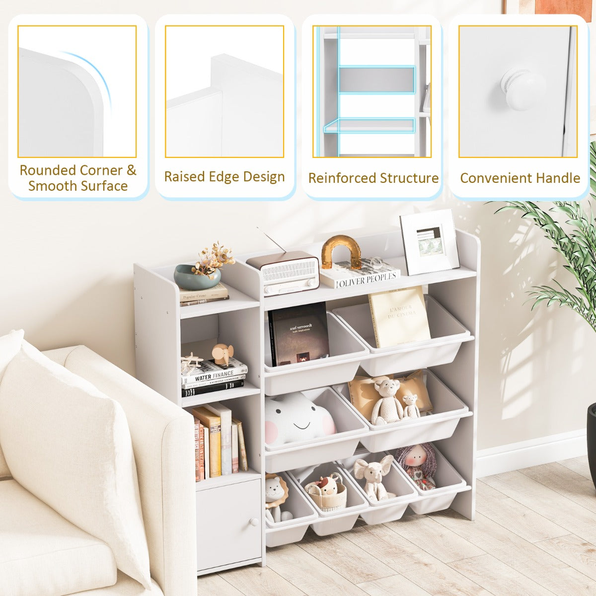 Kids Bookshelf with 8 Storage Boxes and 2 Open Shelves-White