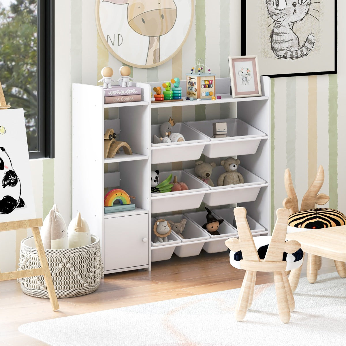 Kids Bookshelf with 8 Storage Boxes and 2 Open Shelves-White