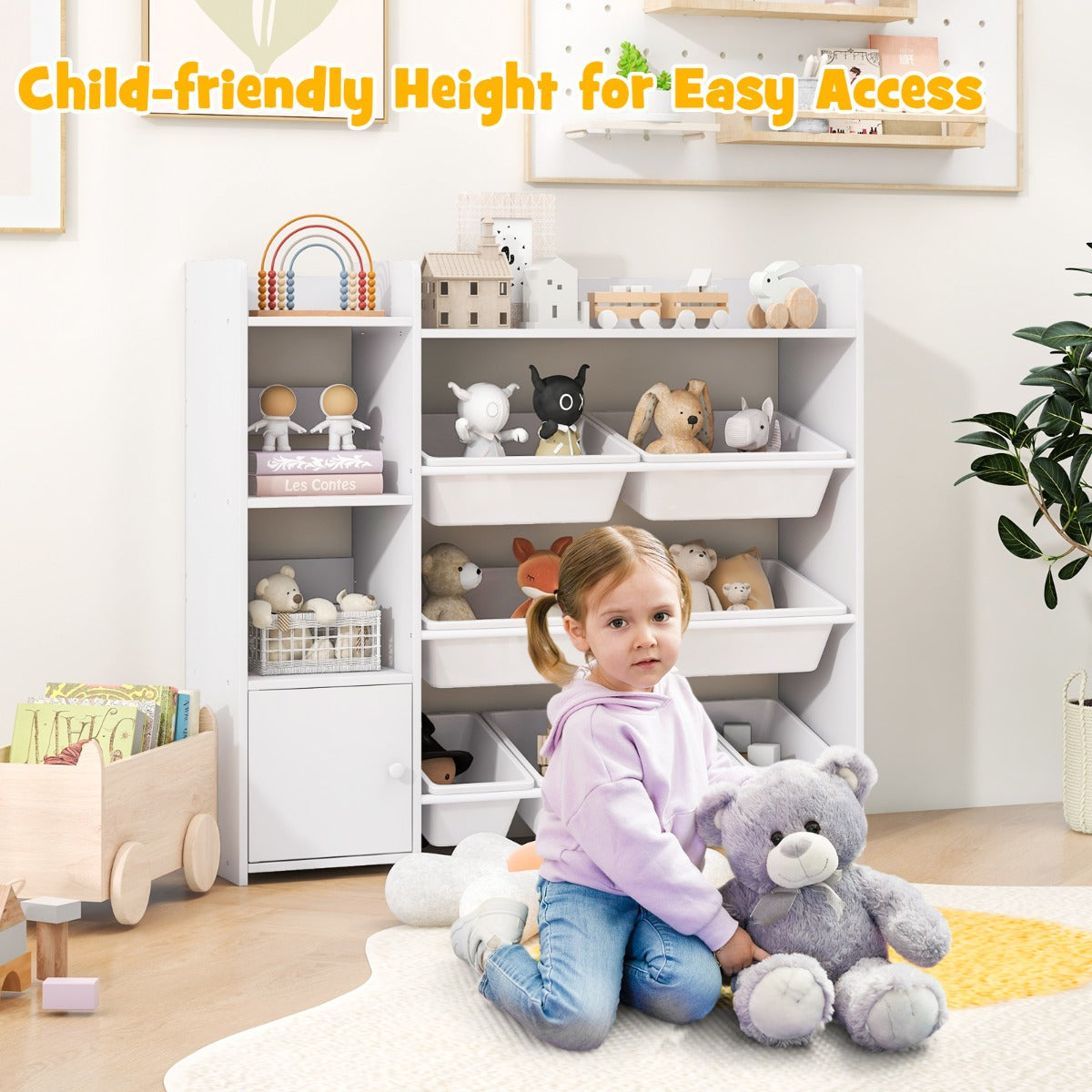 Kids Bookshelf with 8 Storage Boxes and 2 Open Shelves-White
