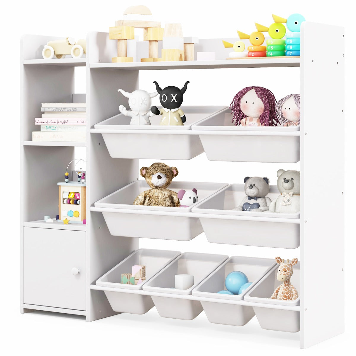 Kids Bookshelf with 8 Storage Boxes and 2 Open Shelves-White