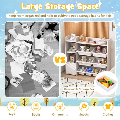 Kids Bookshelf with 8 Storage Boxes and 2 Open Shelves-White