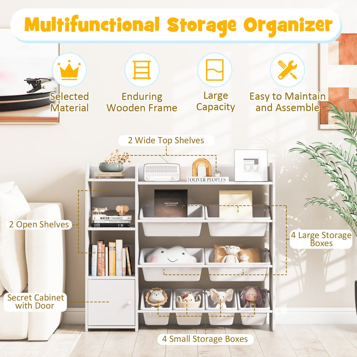 Kids Bookshelf with 8 Storage Boxes and 2 Open Shelves-White