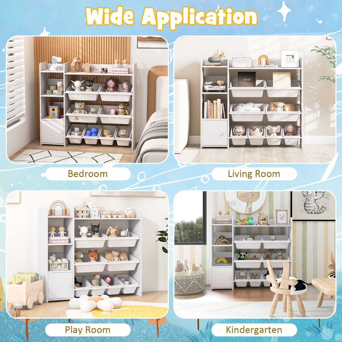 Kids Bookshelf with 8 Storage Boxes and 2 Open Shelves-White