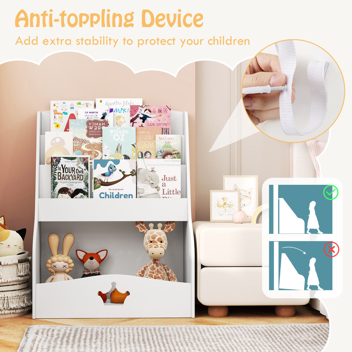 Kids Bookshelf with Shelves and Compartment for Toddlers-White