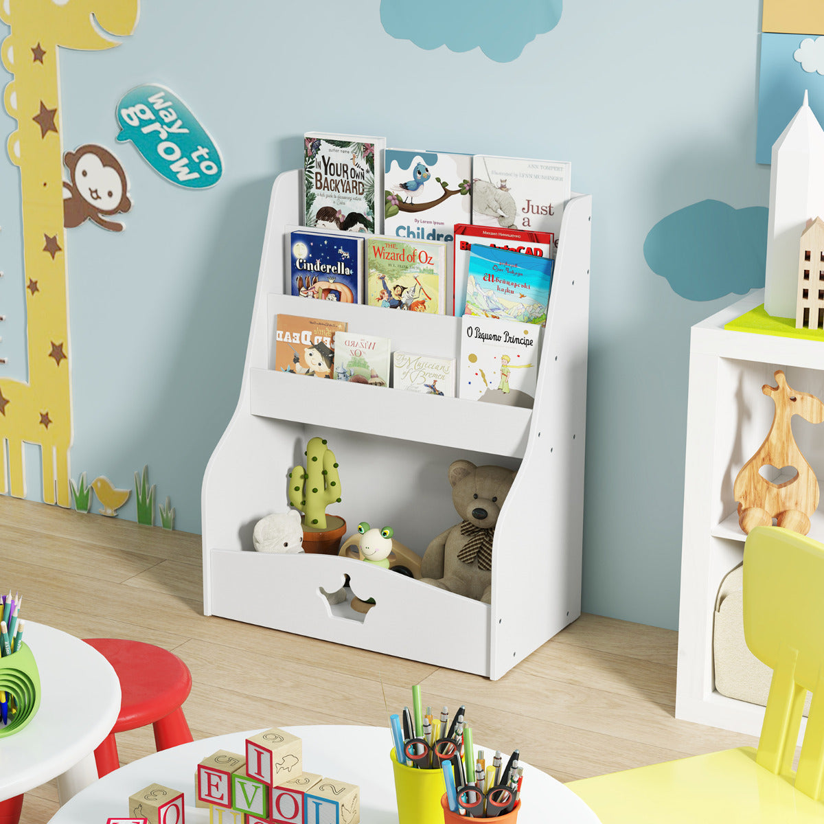 Kids Bookshelf with Shelves and Compartment for Toddlers-White