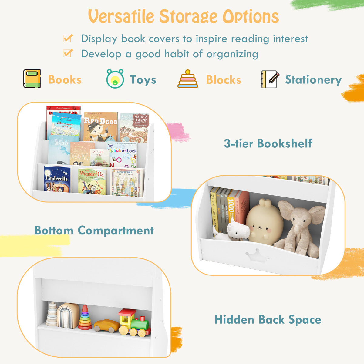 Kids Bookshelf with Shelves and Compartment for Toddlers-White