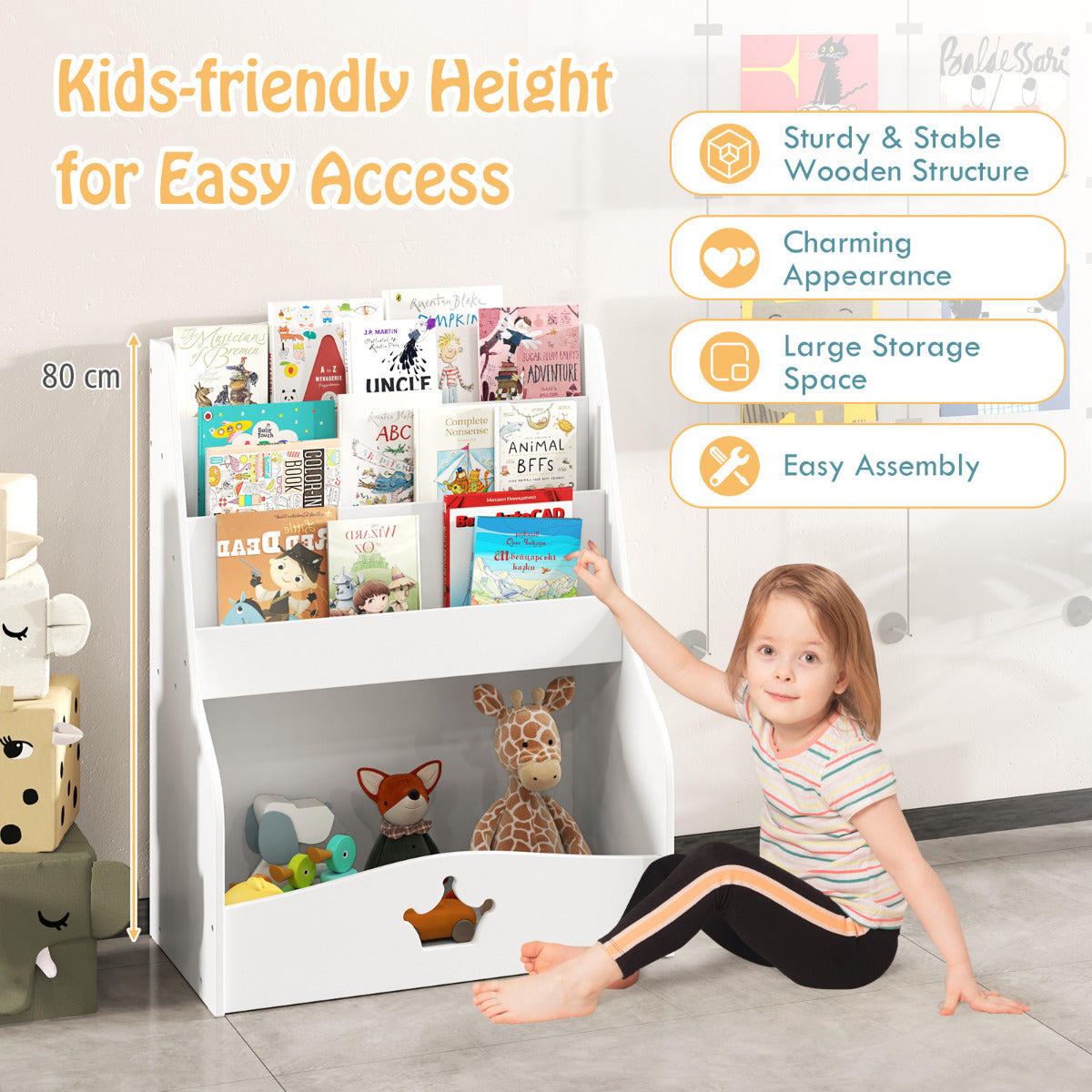 Kids Bookshelf with Shelves and Compartment for Toddlers-White