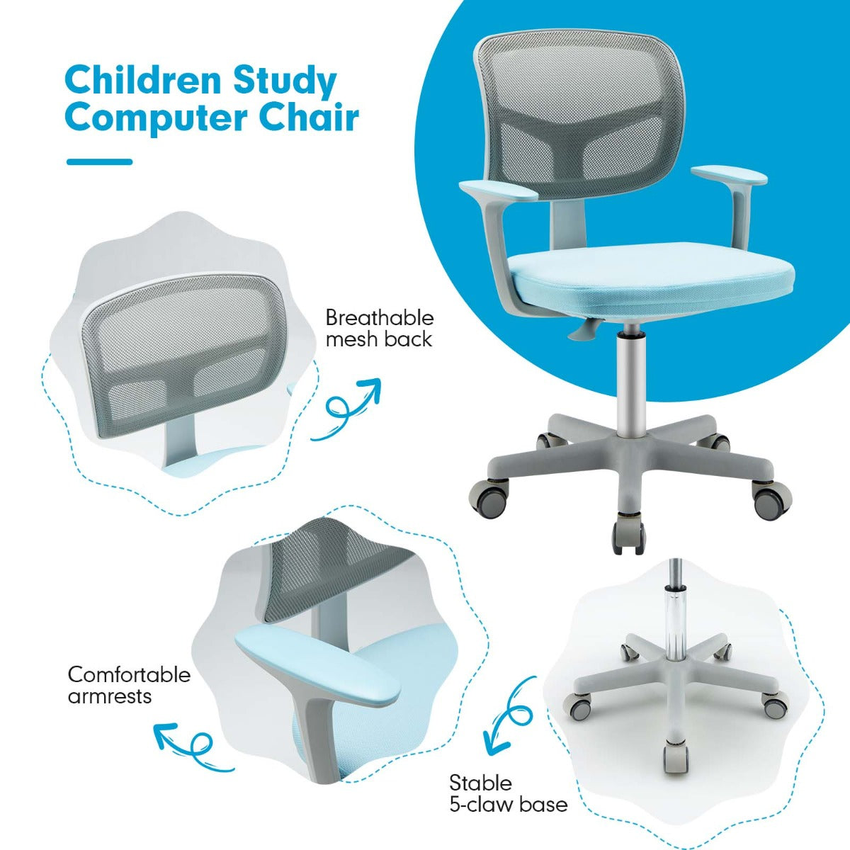 Kids Study Chair and Desk Set with Adjustable Height-Blue-Chair