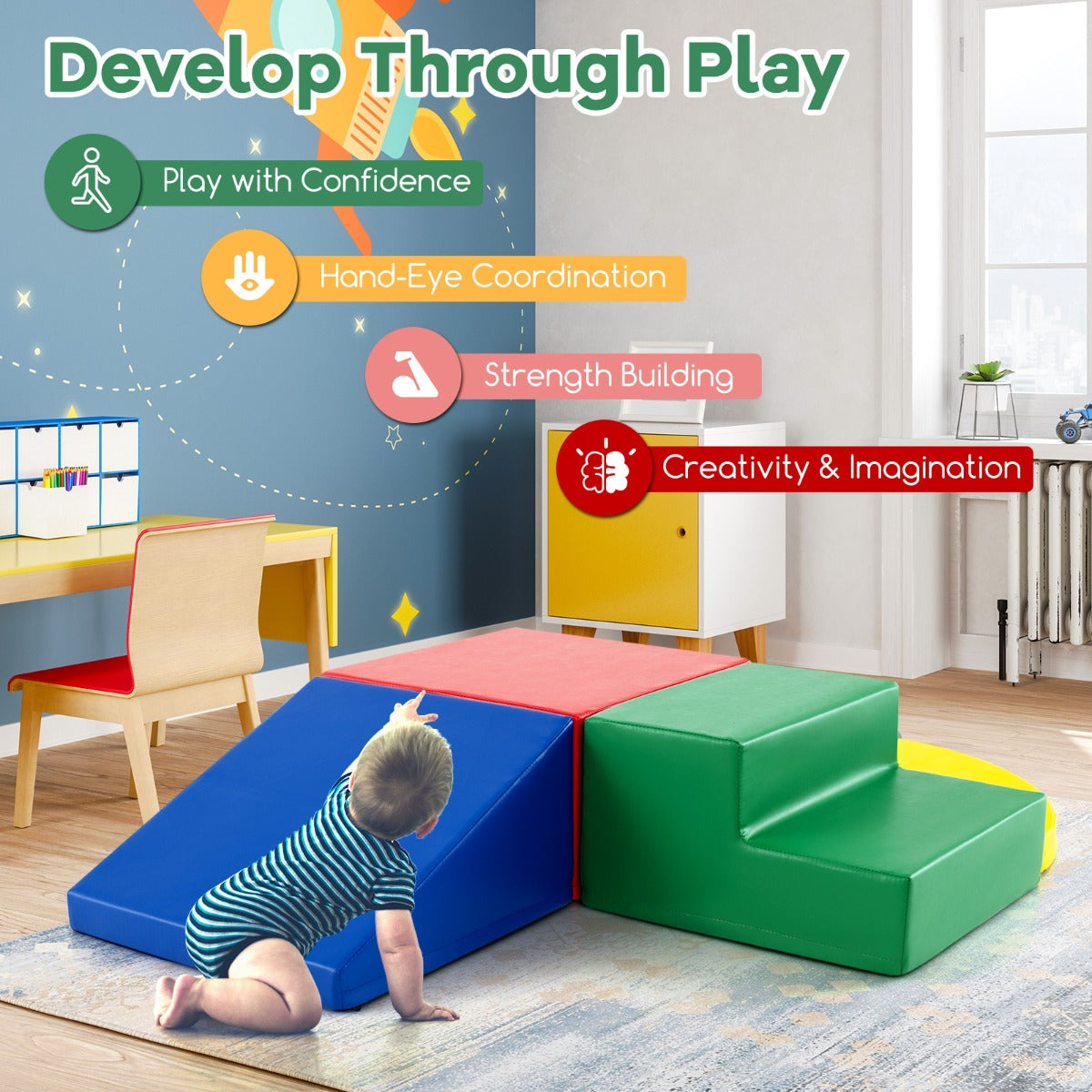4-Piece Kids Climb Crawl Playset for Nursery &amp; Kindergarten-Red