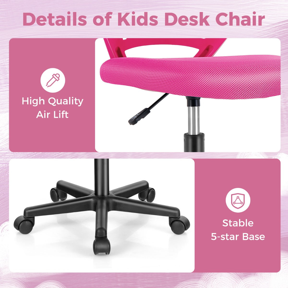 Costway Kids Mesh Computer Chair with Universal Casters for Home Office Study-Pink