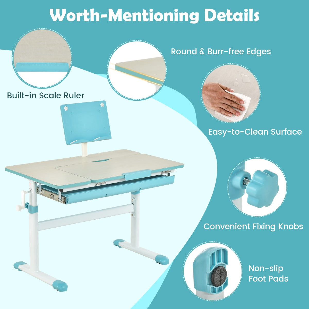 Costway Height-Adjustable Kids Desk with Tilt Desktop and Book Stand for Writing Drawing Reading-Blue