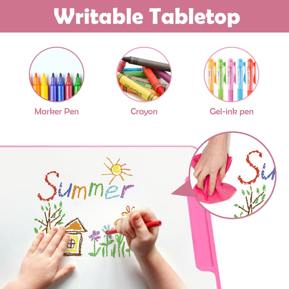 Home School Children Desk and Chair Set for Boys and Girls-Pink