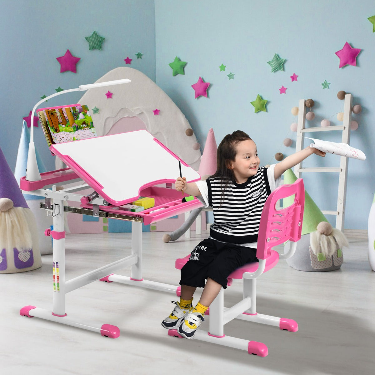 Home School Children Desk and Chair Set for Boys and Girls-Pink