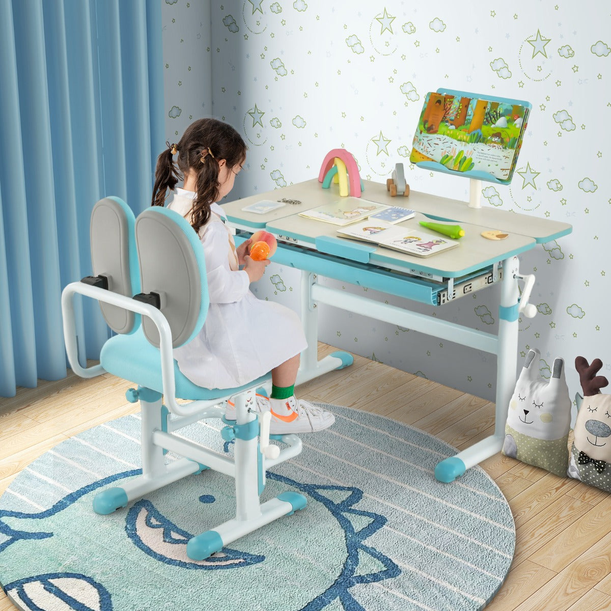 Costway Height-Adjustable Kids Desk with Tilt Desktop and Book Stand for Writing Drawing Reading-Blue