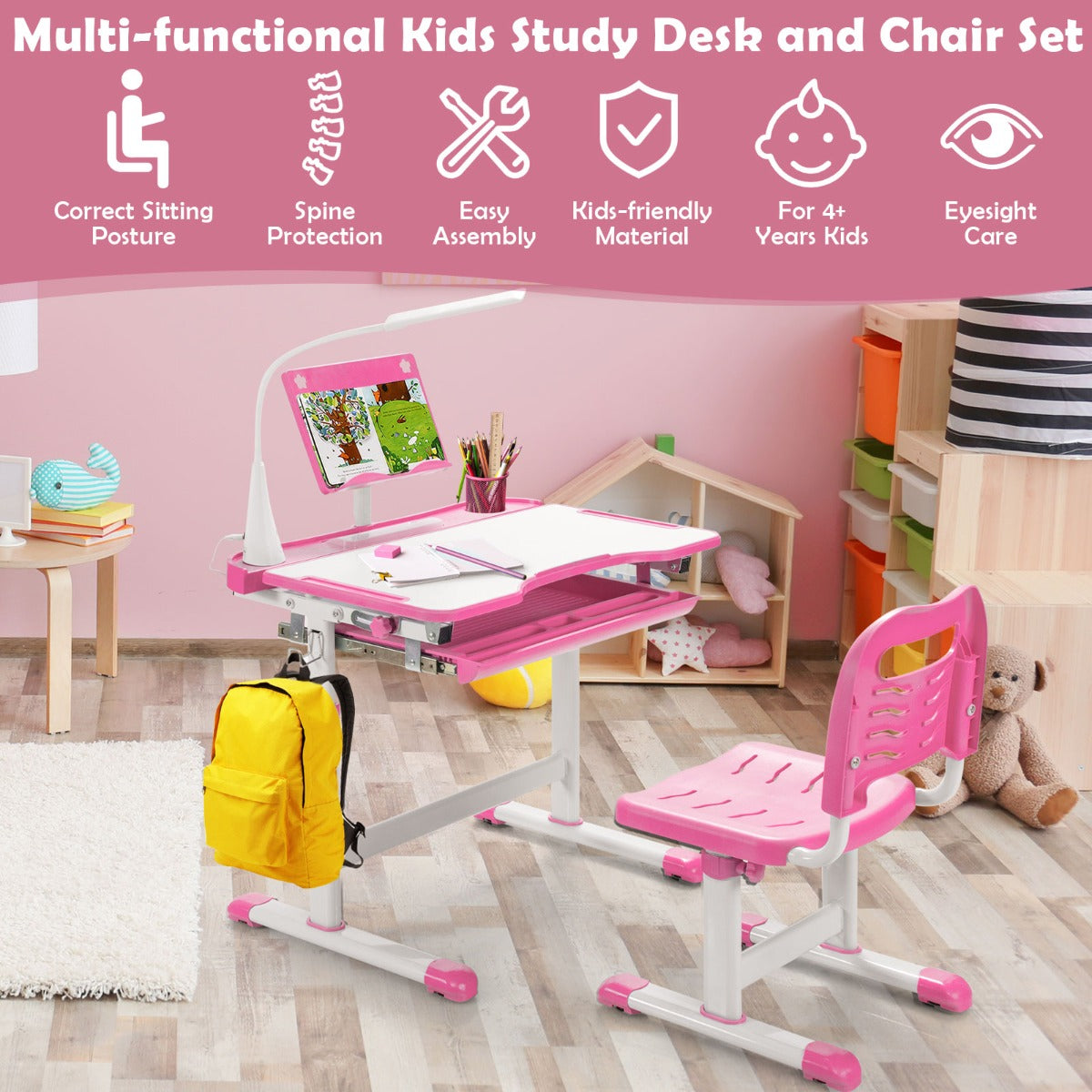 Home School Children Desk and Chair Set for Boys and Girls-Pink