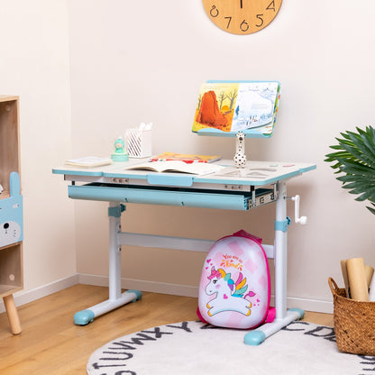 Costway Height-Adjustable Kids Desk with Tilt Desktop and Book Stand for Writing Drawing Reading-Blue