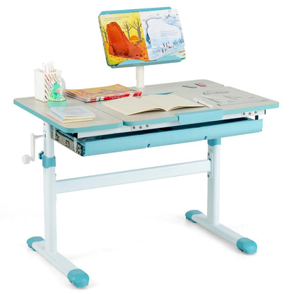 Costway Height-Adjustable Kids Desk with Tilt Desktop and Book Stand for Writing Drawing Reading-Blue