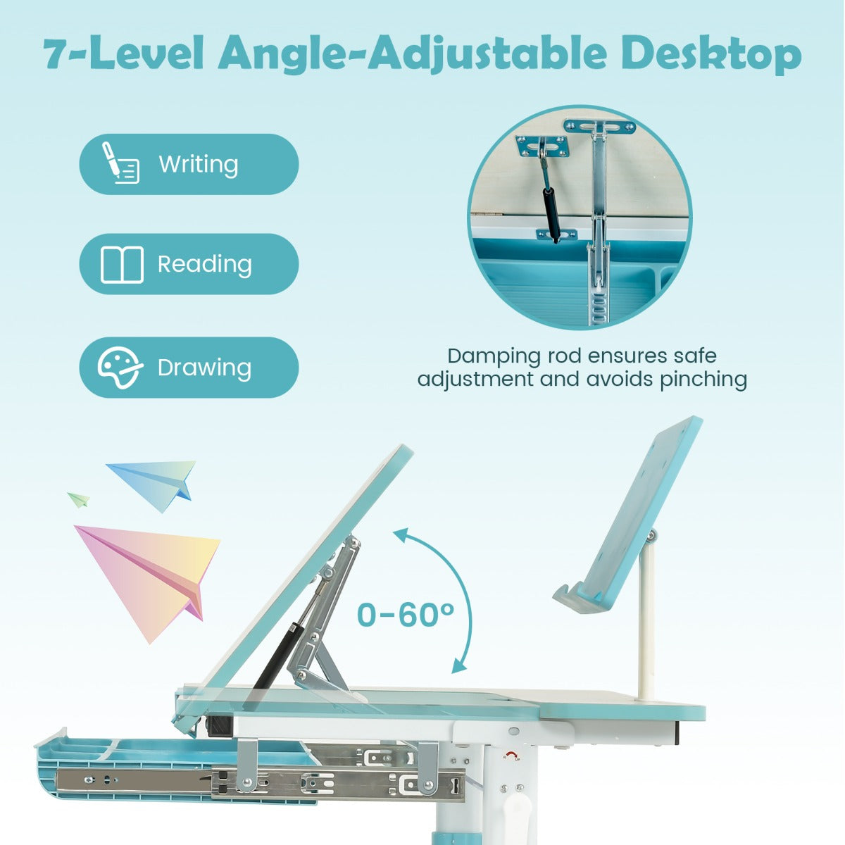 Costway Height-Adjustable Kids Desk with Tilt Desktop and Book Stand for Writing Drawing Reading-Blue