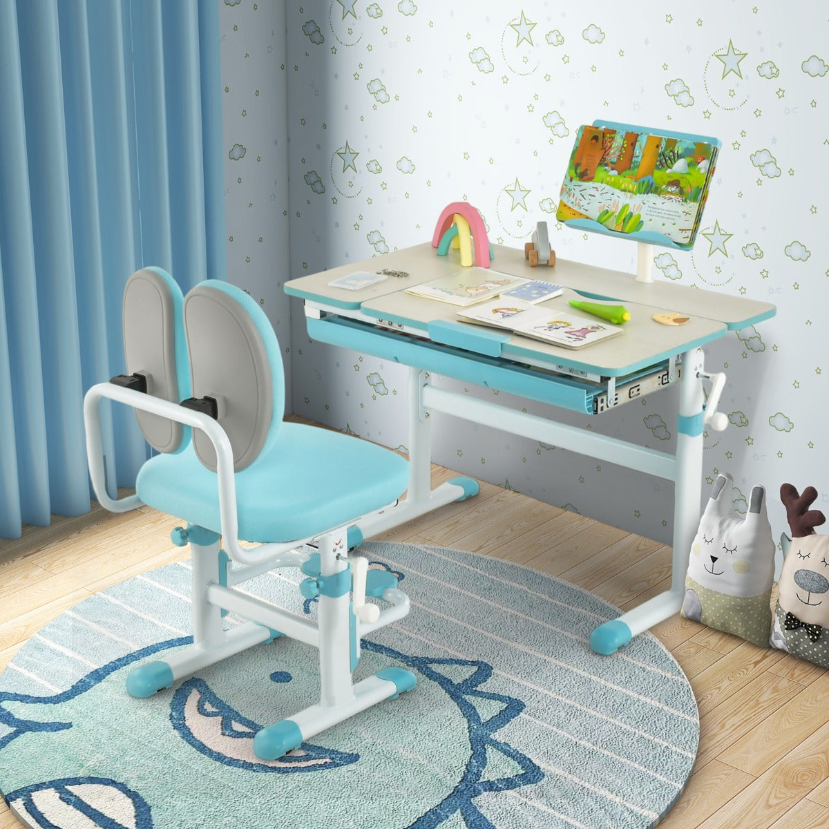 Costway Height-Adjustable Kids Desk with Tilt Desktop and Book Stand for Writing Drawing Reading-Blue