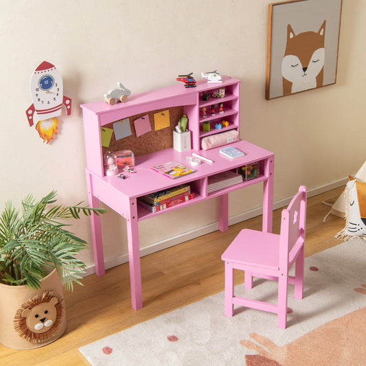 Costway Kids Desk and Chair Set with Hutch and Cork Bulletin Board-Pink