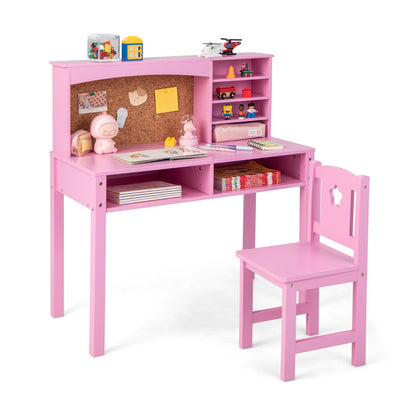Costway Kids Desk and Chair Set with Hutch and Cork Bulletin Board-Pink