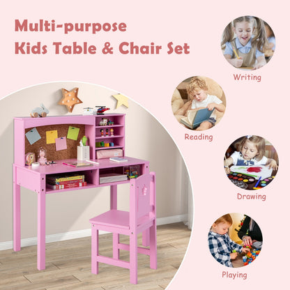 Costway Kids Desk and Chair Set with Hutch and Cork Bulletin Board-Pink
