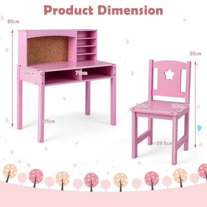 Costway Kids Desk and Chair Set with Hutch and Cork Bulletin Board-Pink
