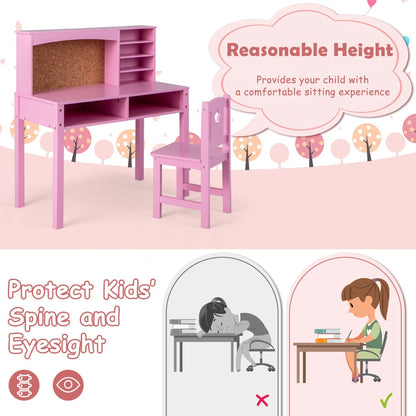 Costway Kids Desk and Chair Set with Hutch and Cork Bulletin Board-Pink