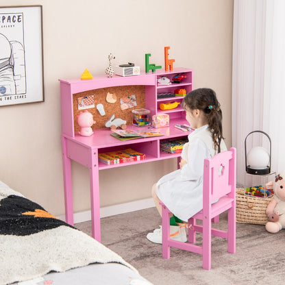 Costway Kids Desk and Chair Set with Hutch and Cork Bulletin Board-Pink