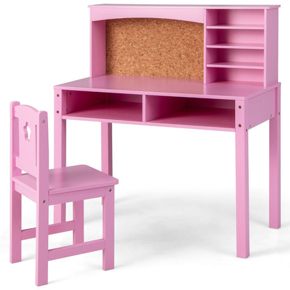 Costway Kids Desk and Chair Set with Hutch and Cork Bulletin Board-Pink