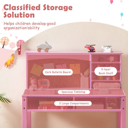 Costway Kids Desk and Chair Set with Hutch and Cork Bulletin Board-Pink