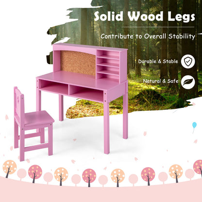 Costway Kids Desk and Chair Set with Hutch and Cork Bulletin Board-Pink