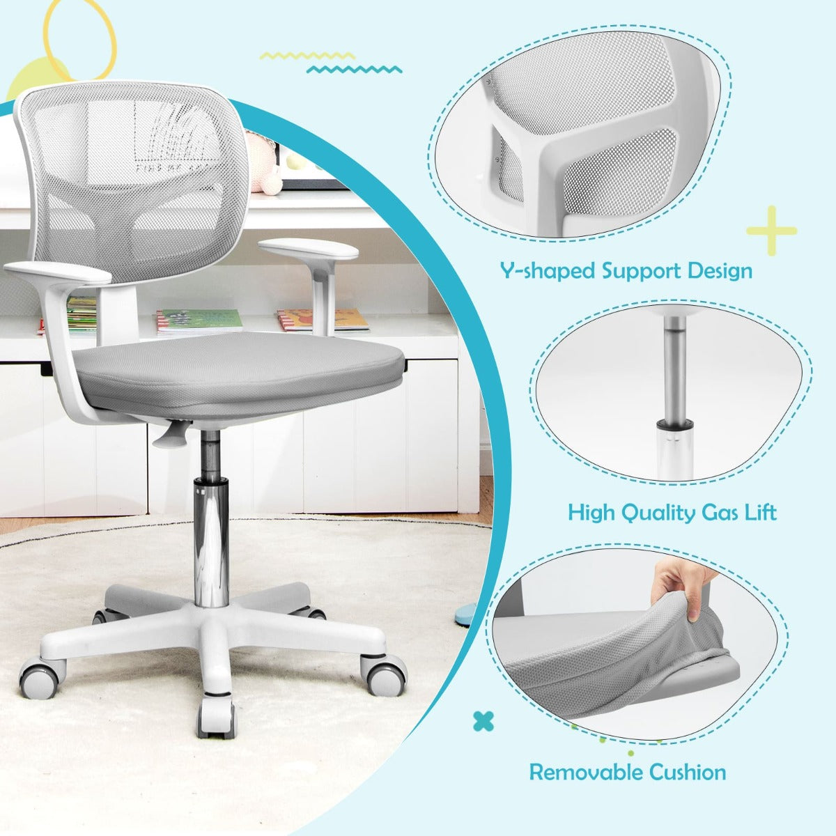 Kids Study Chair and Desk Set with Adjustable Height-Grey-Chair