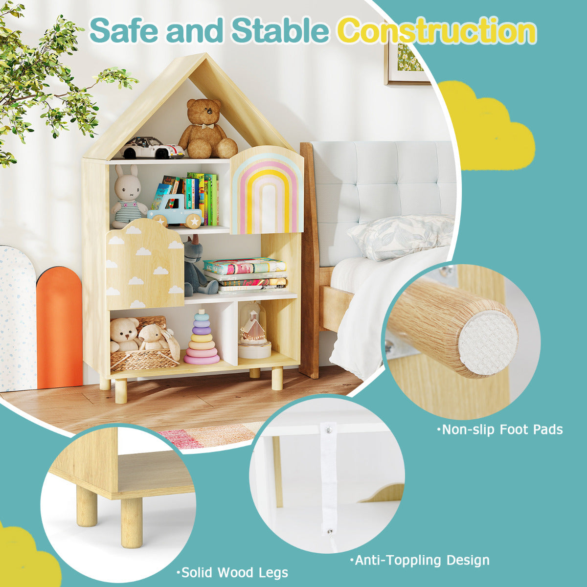 Kids Dollhouse Bookshelf with Anti-toppling System and Solid Wood Legs-Natural