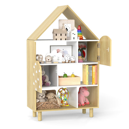Kids Dollhouse Bookshelf with Anti-toppling System and Solid Wood Legs-Natural