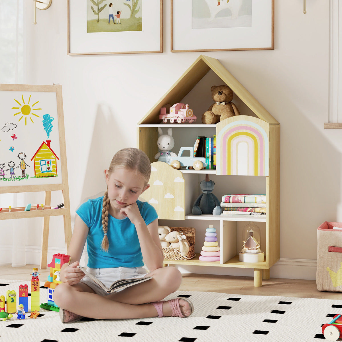 Kids Dollhouse Bookshelf with Anti-toppling System and Solid Wood Legs-Natural