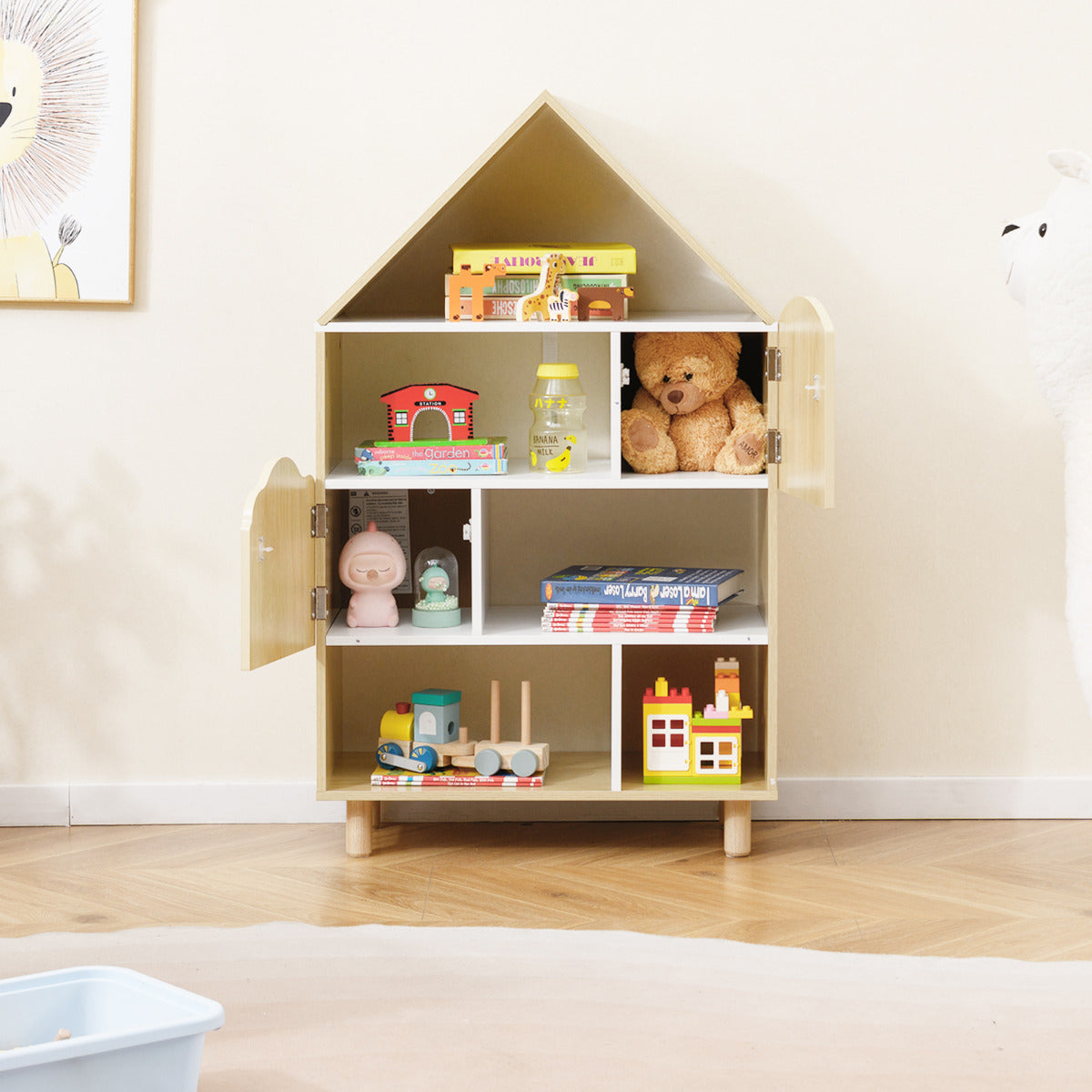 Kids Dollhouse Bookshelf with Anti-toppling System and Solid Wood Legs-Natural