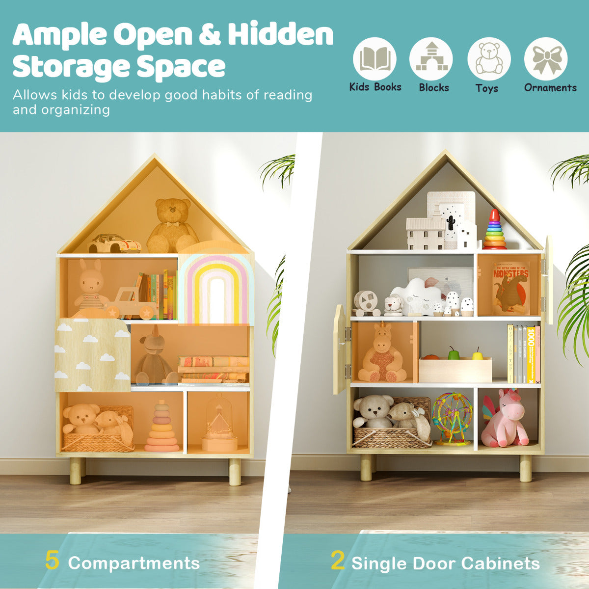 Kids Dollhouse Bookshelf with Anti-toppling System and Solid Wood Legs-Natural