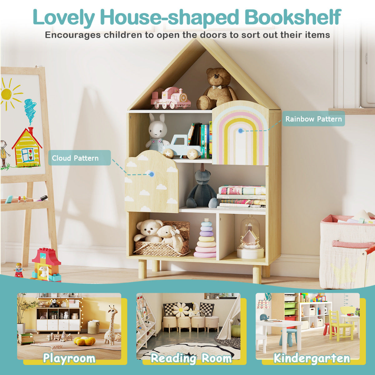 Kids Dollhouse Bookshelf with Anti-toppling System and Solid Wood Legs-Natural