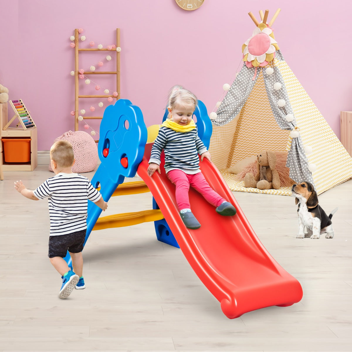 Kids Freestanding Slide with Guardrails and Foldable Design
