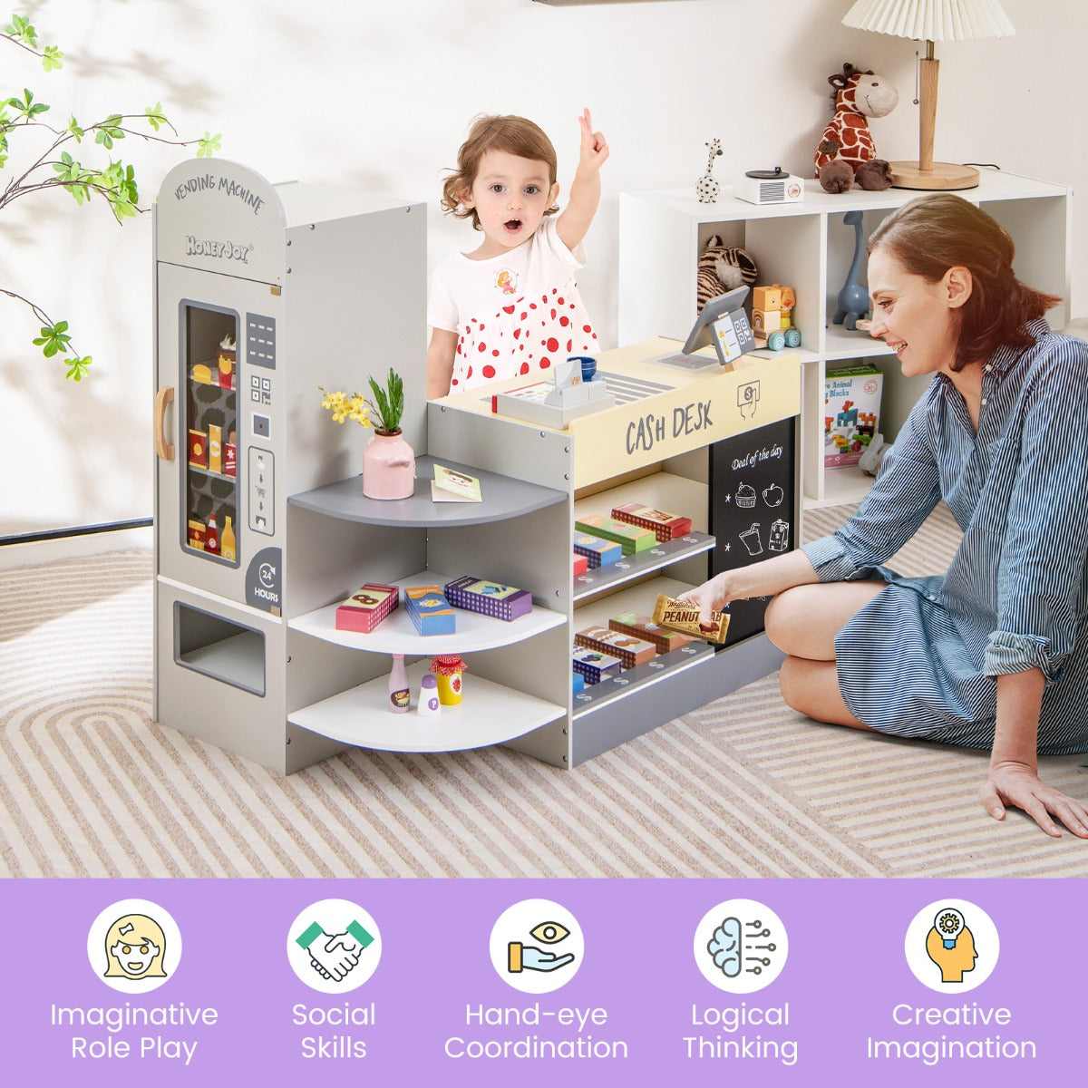 Costway Kids Grocery Store Playset with Cash Register for 3-8 Years Old-Grey