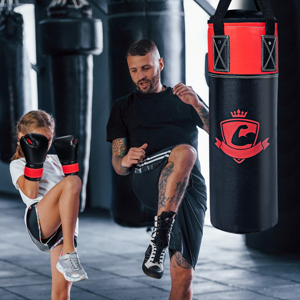 Costway Kids Hanging Punching Bag Set with Punch Gloves Hand Wraps and Storage Bag-Black